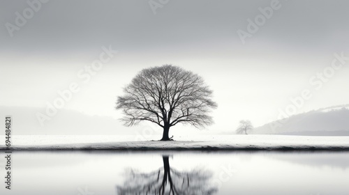  a black and white photo of a lone tree in the middle of a field with a lake in the foreground. photo