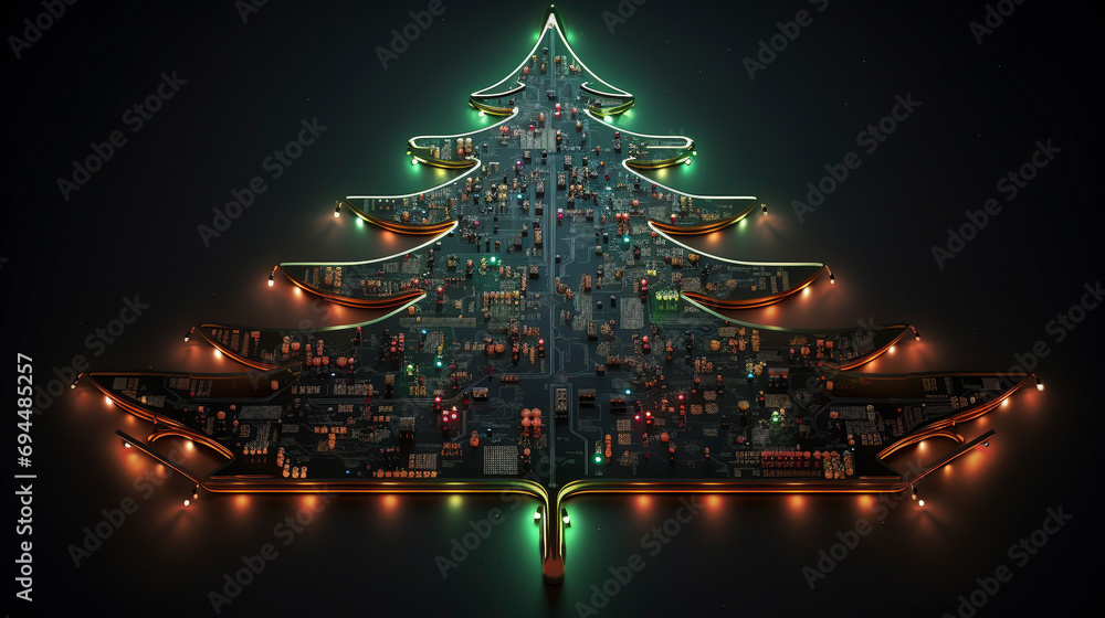 A circuit board in the shape of a Christmas tree with colorful computer chips and circuits, with ambient mood lighting and a black background 