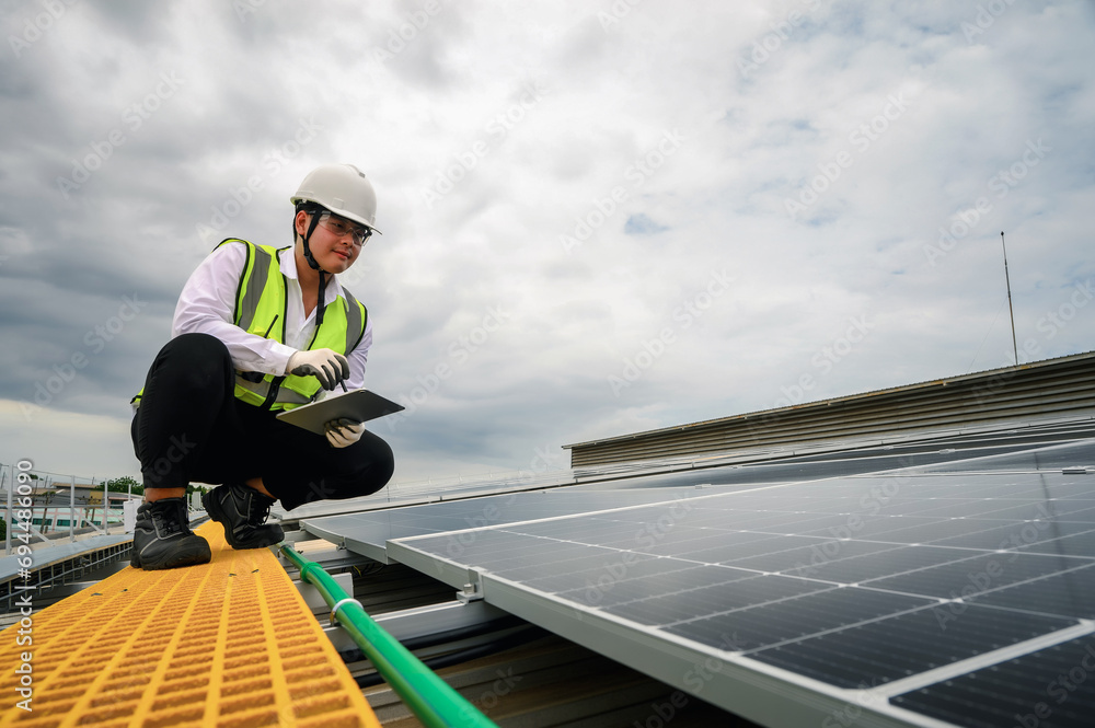 Engineers or Specialist technicians check the quality of installing solar photovoltaic panels and Use technology applications to check accumulated power generation from solar panels on tablets. Engineers or Specialist technicians check the quality of installing solar photovoltaic panels and Use technology applications to check accumulated power generation from solar panels on tablets.