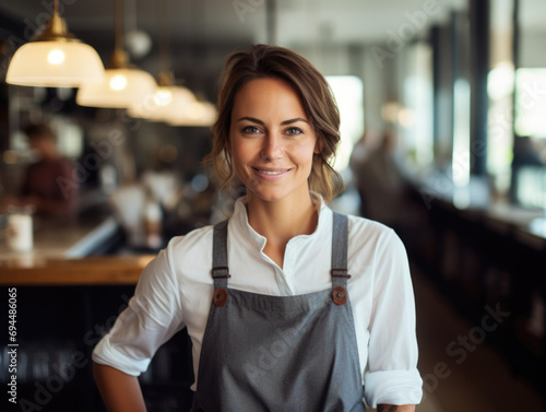 Business Concept  Female entrepreneur standing in her cafe  smiling pensively