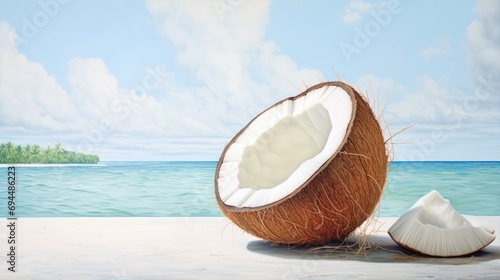  a painting of a coconut and a shell on a beach with a blue sky and ocean in the back ground.