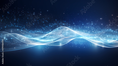 blue and white transparent energy wave made of small particles floating in a flowing pattern photo