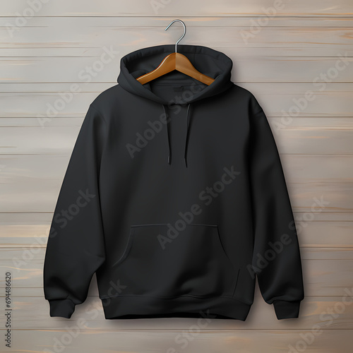 black hoodie sweatshirt product mockup with coat hanger template with a plain background, product marketing, tee shirt for branding