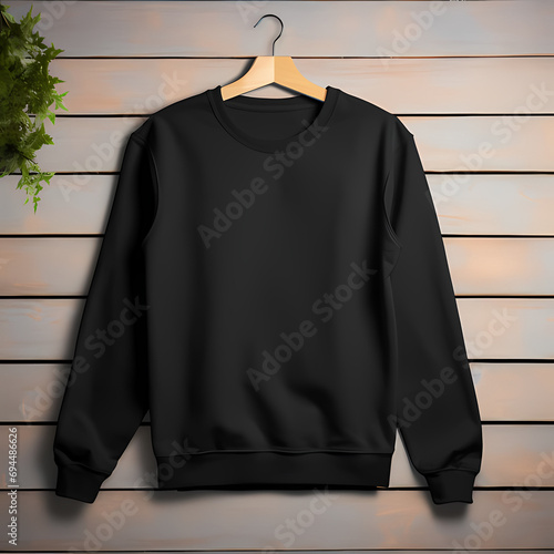 black crewneck product mockup with coat hanger template with a plain background, product marketing, tee shirt for branding