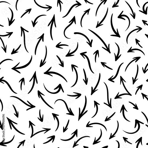 Vector seamless pattern with hand drawn black arrows on white background. Abstract different brush arrows. Collection of chaotic doodle elements for design, Brownian motion concept, textile print.