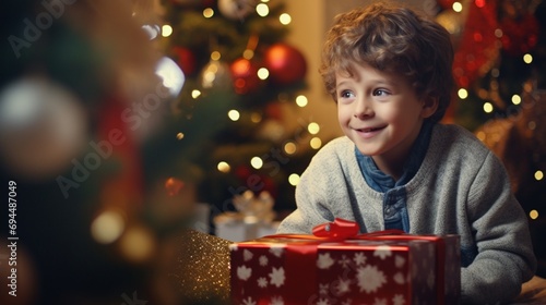 Freudiger Augenblick: Ein kleiner Junge mit einem lustigen L??cheln, der ein Weihnachtsgeschenk freudig empf??ngt, in einer realistischen Aufnahme mit HD-Kamera photo