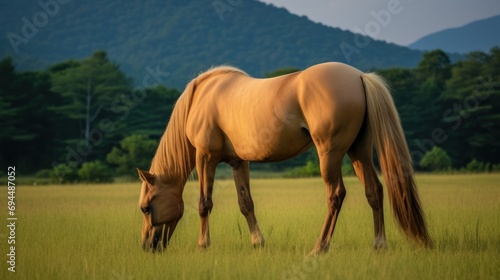Horse grazing in a lawn. Beautiful outdoor background .