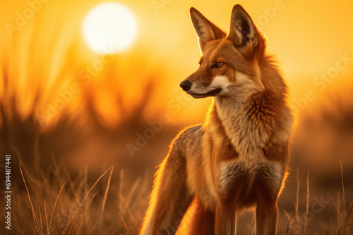 A majestic Maned Wolf stands tall in the golden glow of the South American savannah