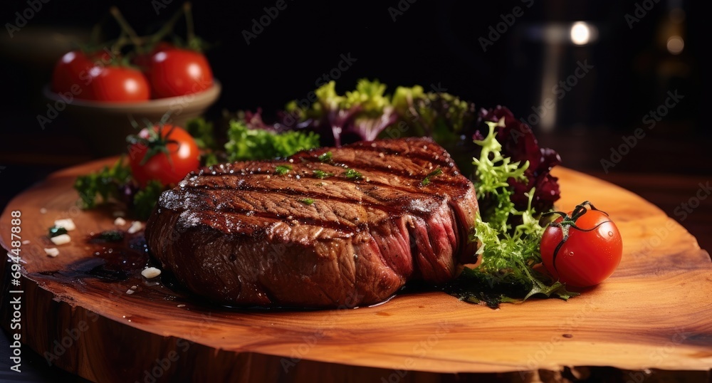 a rib eye steak on a wooden plate with a green salad