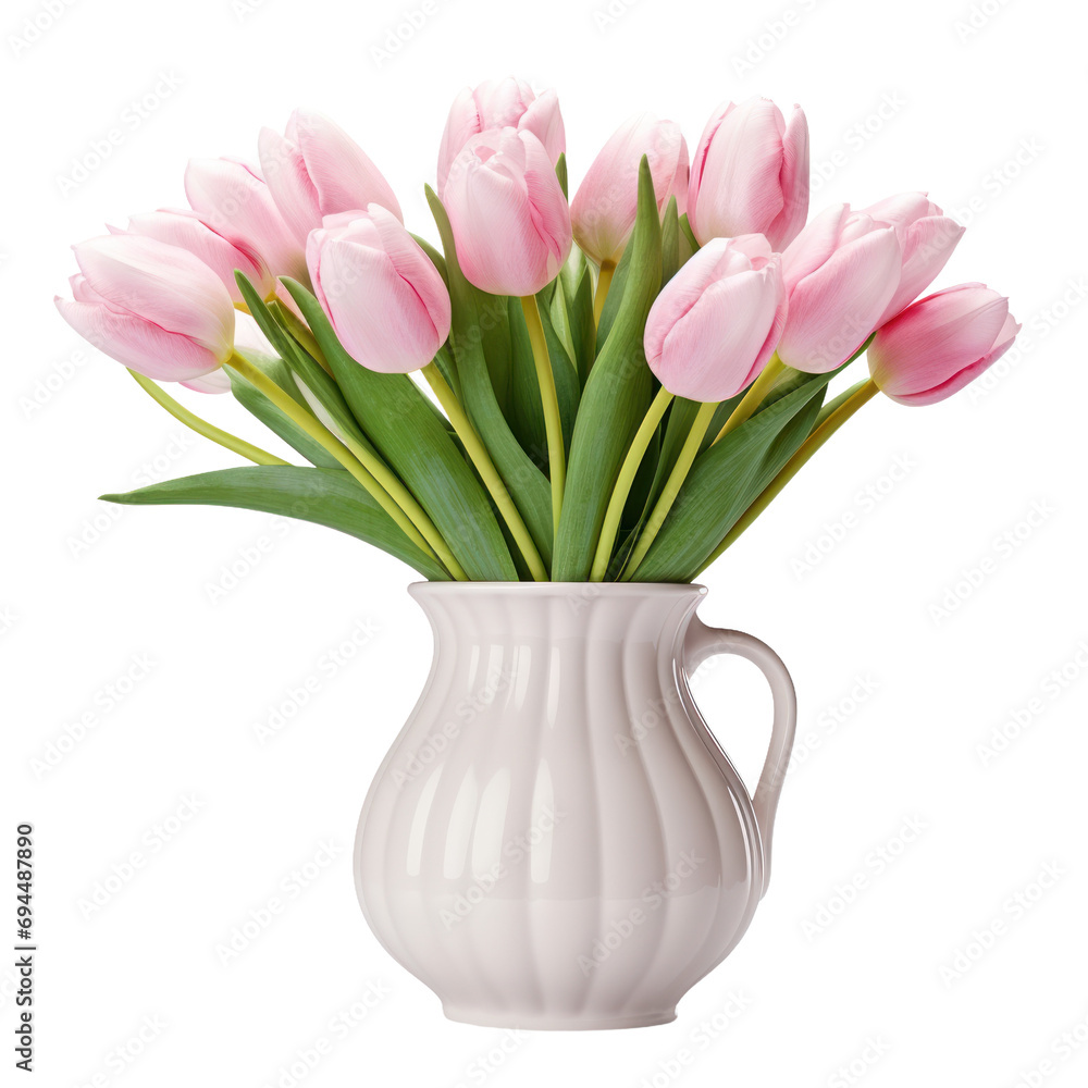 Beautiful pink tulip flowers in a vase isolated on white or transparent ...