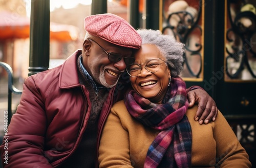 a smiling old couple hugging