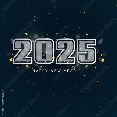 Happy new year 2025, new year celebration in black BG, stars, glitters and ribbons, festive illustration, white number 2025 sparkling confetti,