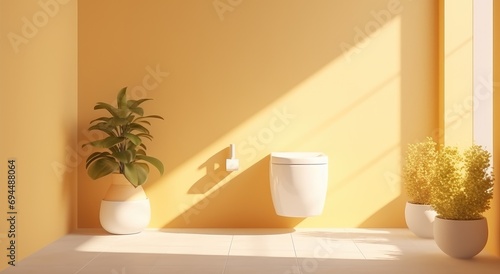 a toilet in modern bathroom with a plant and a white sink © ArtCookStudio