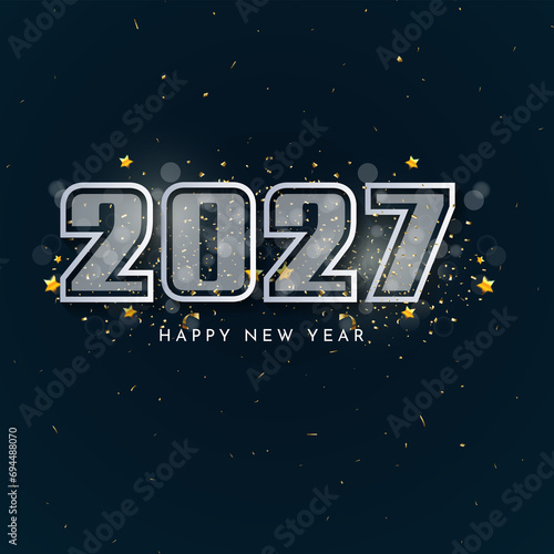 Happy new year 2027, new year celebration in black BG, stars, glitters and ribbons, festive illustration, white number 2027 sparkling confetti,