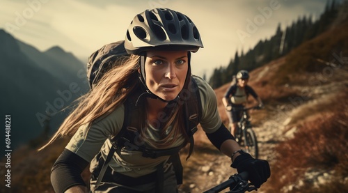 a woman is riding a mountain bike in the mountains with a person in the background