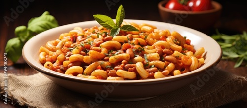 Traditional Italian pasta and beans dish, pasta e fagioli, close-up for menu advertising.