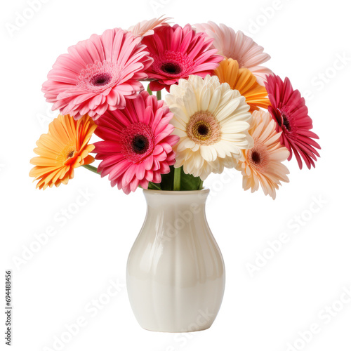 Beautiful gerbera flowers bouquet in a vase solated on white or transparent background, png clipart, design element. Easy to place on any other background. photo