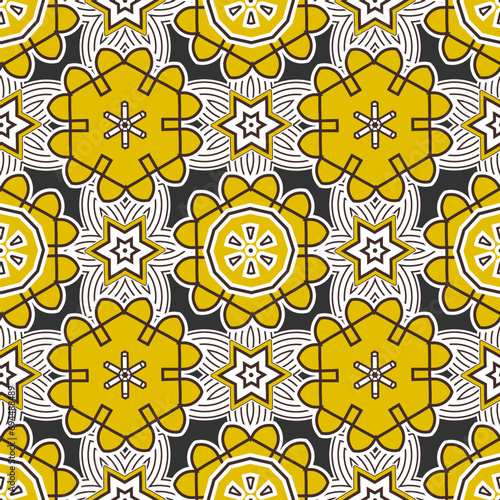 Seamless background with decorative fairy-tale ornament. Yellow and black palette. Vector illustration