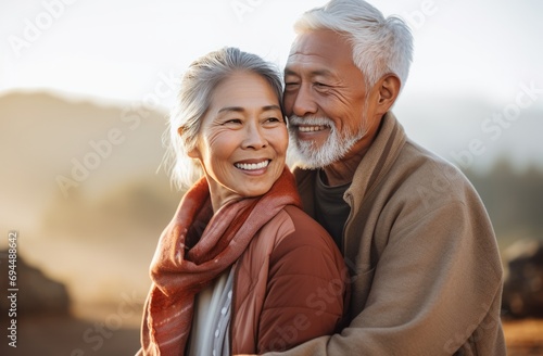 an elderly couple hugging each other,