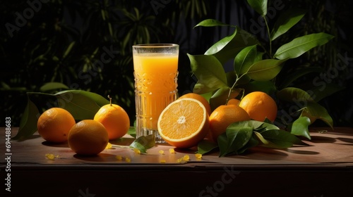  a glass of orange juice next to a bunch of oranges and a bunch of leaves on a wooden table.