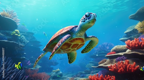 an ocean scene with an turtle and marine life © ArtCookStudio