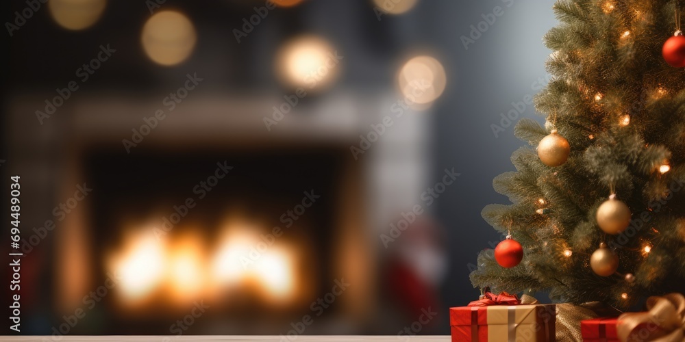 Blurred indoor scene with Christmas tree and fireplace.
