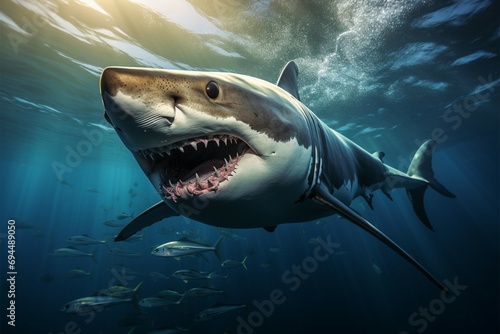 Ocean predator Shark swimming with dangerous jaws in deep water photo