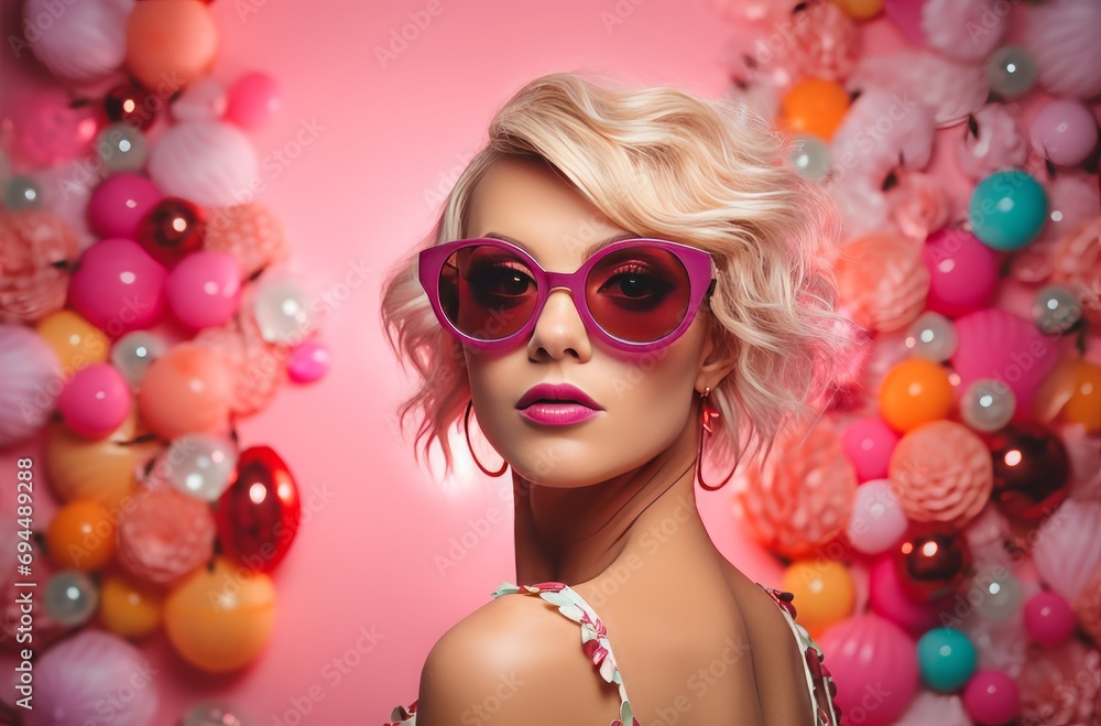 attractive blonde woman posing in sunglasses with her face looking surprised