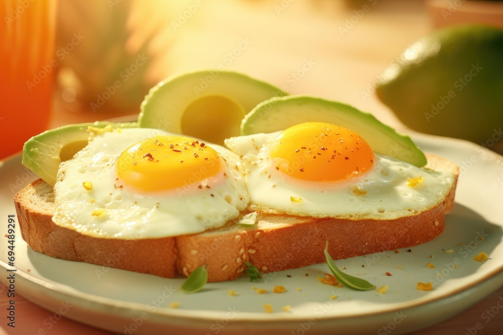 avocado on toast and eggs on orange slices on a white plate avocado on toast and eggs on orange slices on a white plate