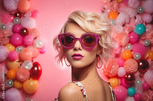 attractive blonde woman posing in sunglasses with her face looking surprised