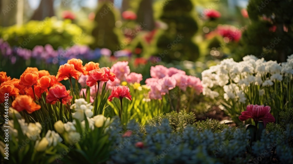 Vivid garden with vibrant flowers, flourishing plants, and ample space for your message Vivid garden with vibrant flowers, flourishing plants, and ample space for your message