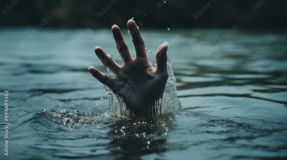A woman's hand rises from the water. Lady in the Lake. Drowning woman reaching for help in sea - obrazy, fototapety, plakaty 
