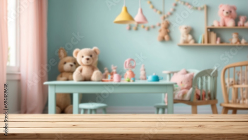 empty wooden table with blur baby bad room background photo