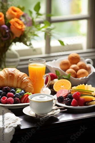 A gourmet morning spread, pastries, fresh fruits, and inviting coffee, plus generous copy space