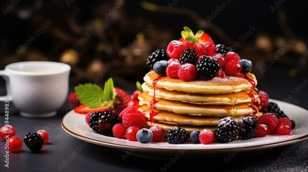 Tasty delights, from fluffy pancakes to fresh fruit, creating an appetizing scene with copy space Tasty delights, from fluffy pancakes to fresh fruit, creating an appetizing scene with copy space