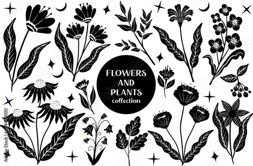 Set of black abstract flowers and leaves.botanical linocut plant and organic elements, herbs print. vector illustration.
