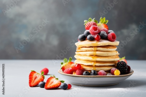 Tasty delights, from fluffy pancakes to fresh fruit, creating an appetizing scene with copy space
