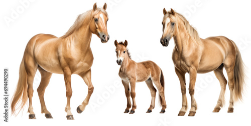Group of cream horses  mare  stallion and foal  animal family isolated on transparent background. PNG clip art elements.