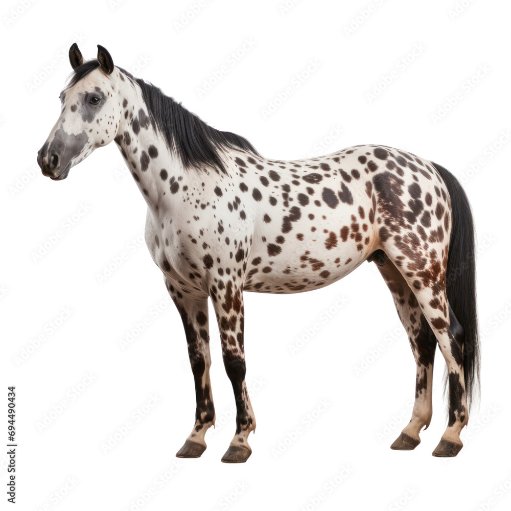 Standing Appaloosa horse isolated on white or transparent background, png clipart, design element. Easy to place on any other background.