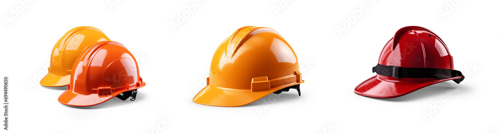 set collection of fireman and hard safety orange or yellow helmet cap hat in different color styles for construction sites, isolated on white png transparent background - obrazy, fototapety, plakaty 