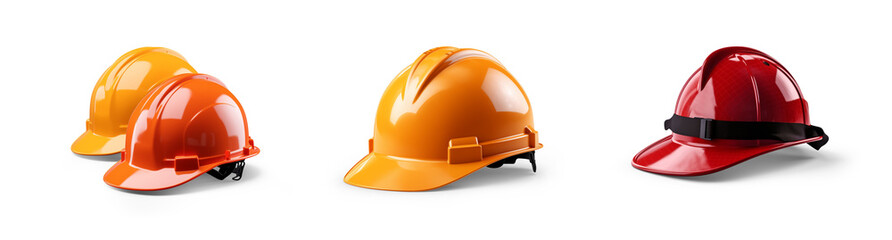 set collection of fireman and hard safety orange or yellow helmet cap hat in different color styles for construction sites, isolated on white png transparent background