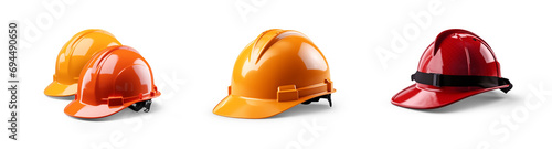 set collection of fireman and hard safety orange or yellow helmet cap hat in different color styles for construction sites, isolated on white png transparent background photo