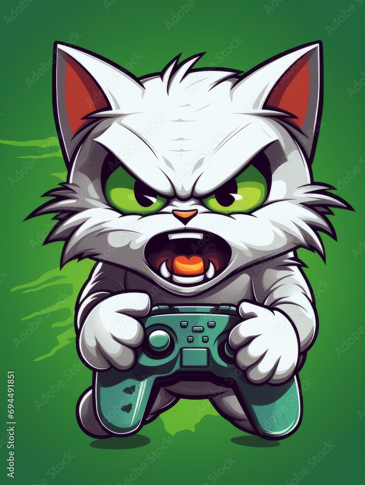 Cartoon sticker evil gamer kitten with game joystick, AI Cartoon sticker evil gamer kitten with game joystick, AI