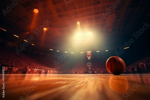 Basketball arena Wooden court, hoop, and players in intense tournament action photo