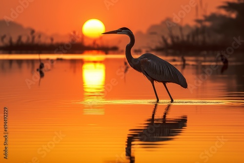 Tranquil Heron lake sunset. Lake evening. Generate Ai