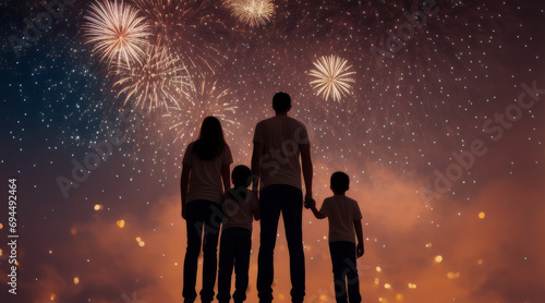  Happy people looking up to the sky with firework in new year 2024 night celebrate happy new year festival 2024 comeliness