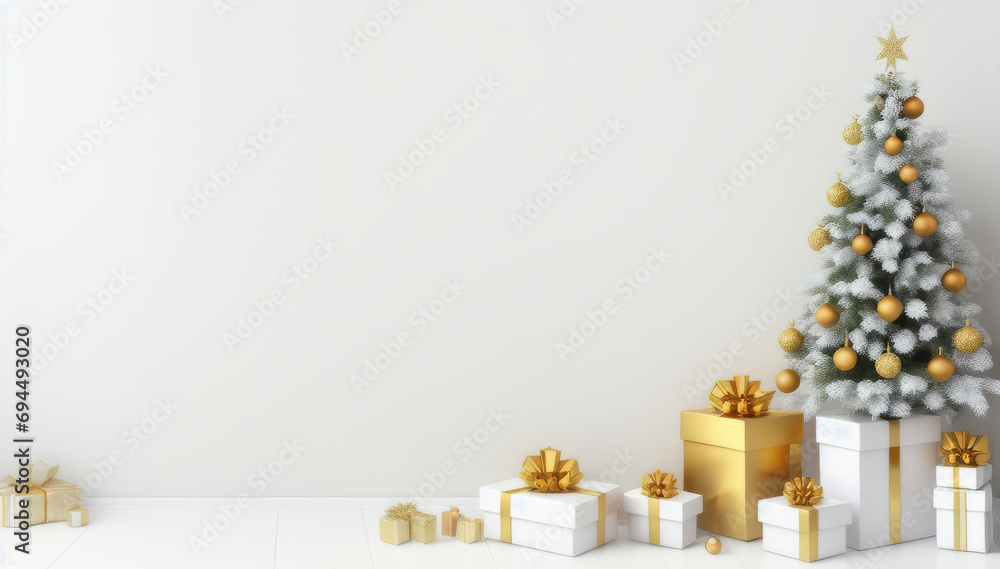  minimalist christmas background with christmas tree and gift boxes - obrazy, fototapety, plakaty 
