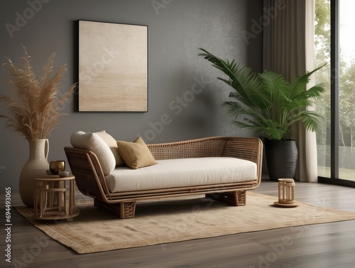 Modern composition of living room with design chaise longue, mock up painting, rattan decoration, wooden cube photo
