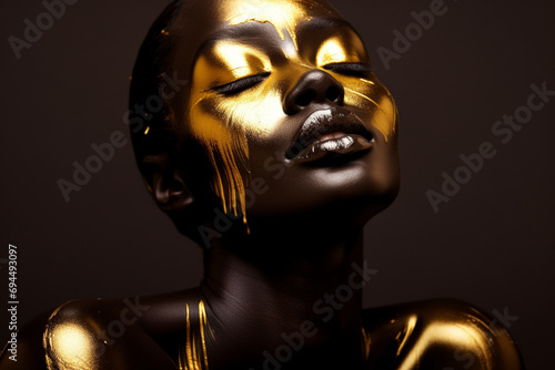 beautiful portrait of black woman with gold makeup photo