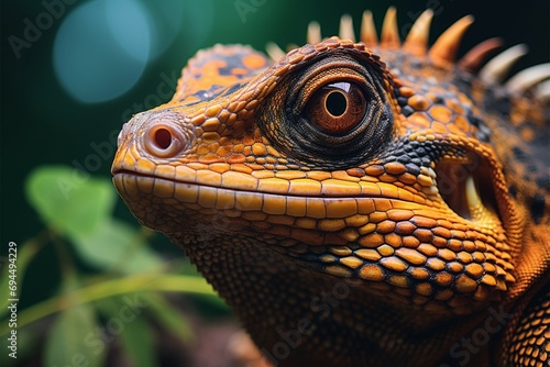 Wildlife detail Reptile close up on tree branch, stunning background photo